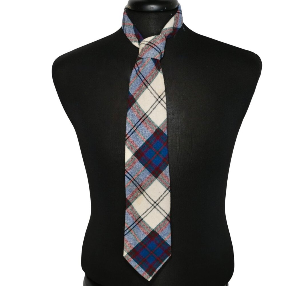 Pendleton White Blue and Burgandy Plaid Wool Tie - 60x4"